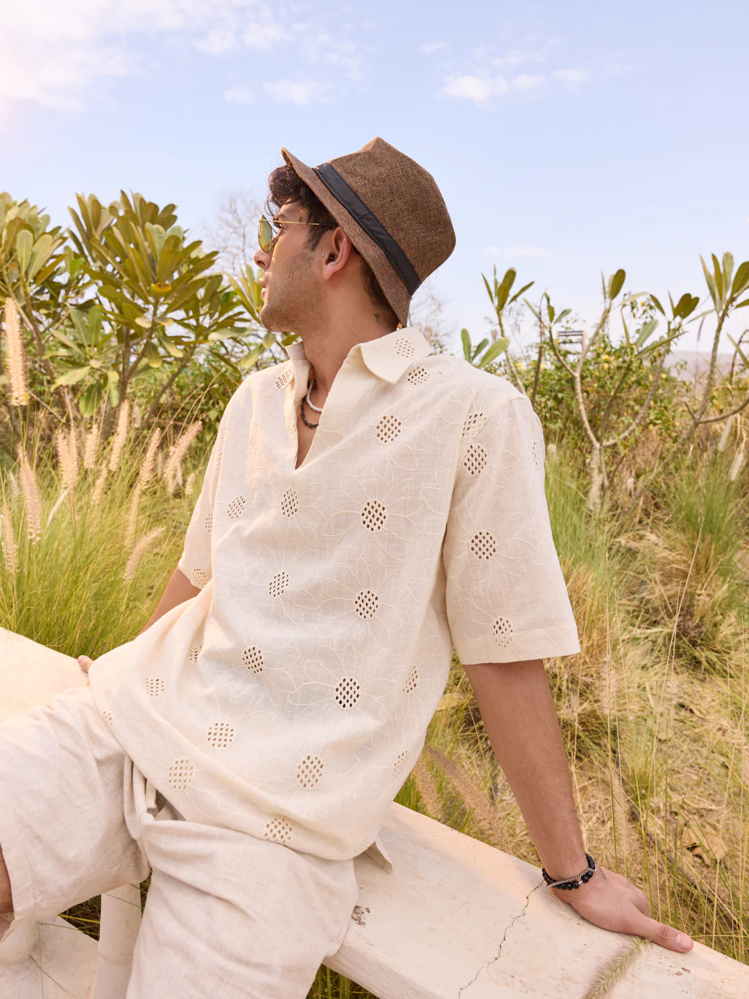 Beige Floral Embroidered Oversized Polo Shirt - Image 6
