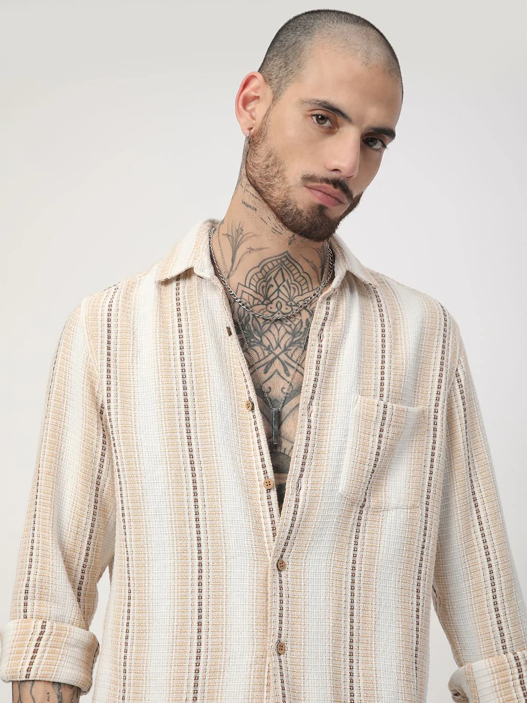 Beige Interweave Broad Striped Shirt - Image 2