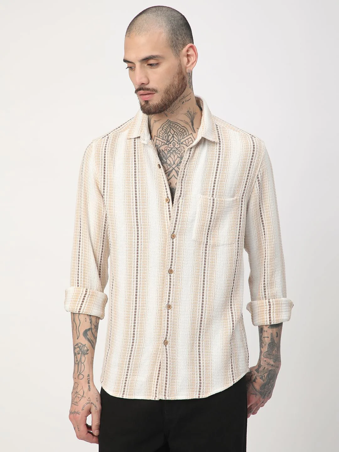 Beige Interweave Broad Striped Shirt - Image 4
