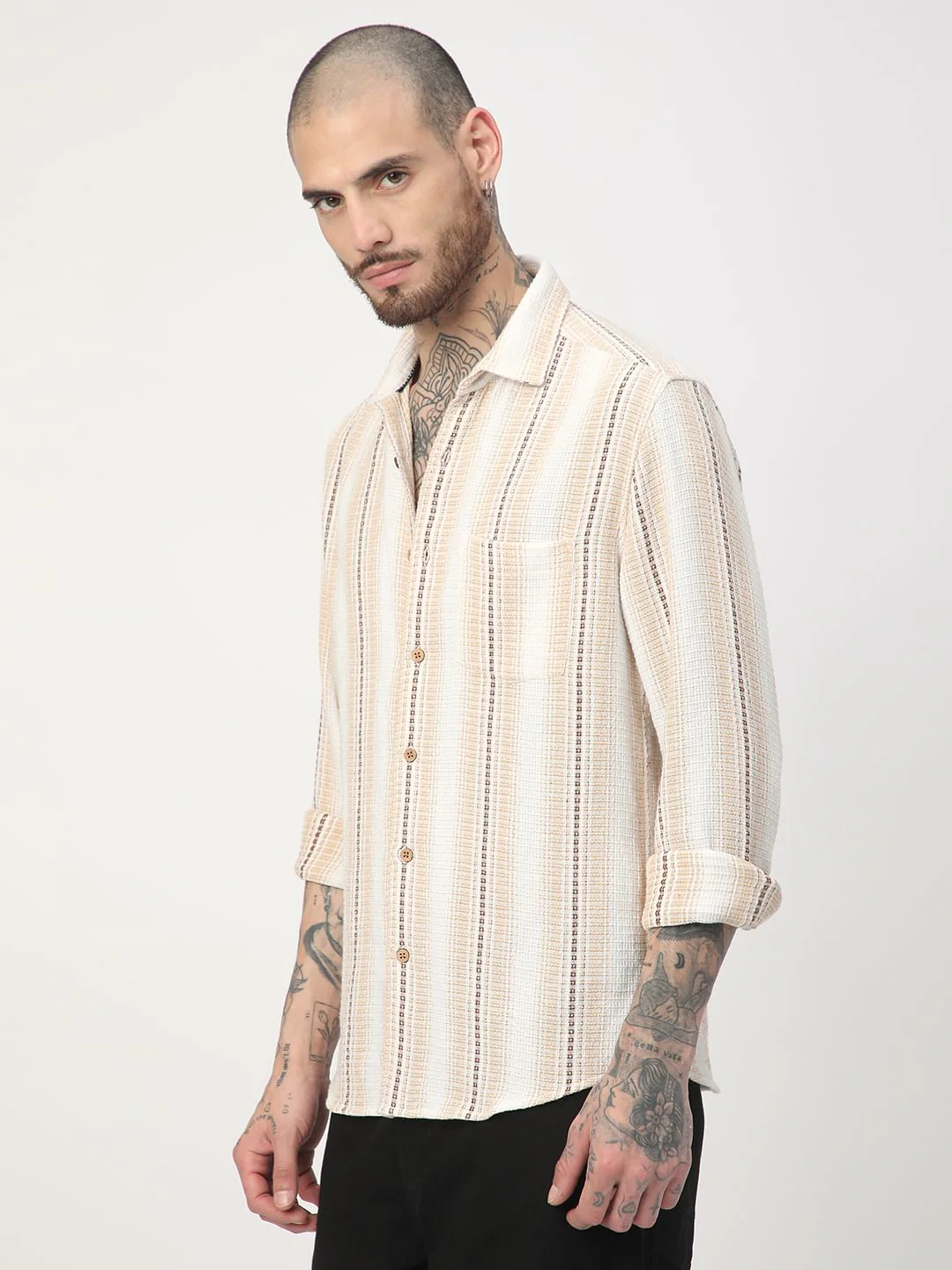 Beige Interweave Broad Striped Shirt - Image 5