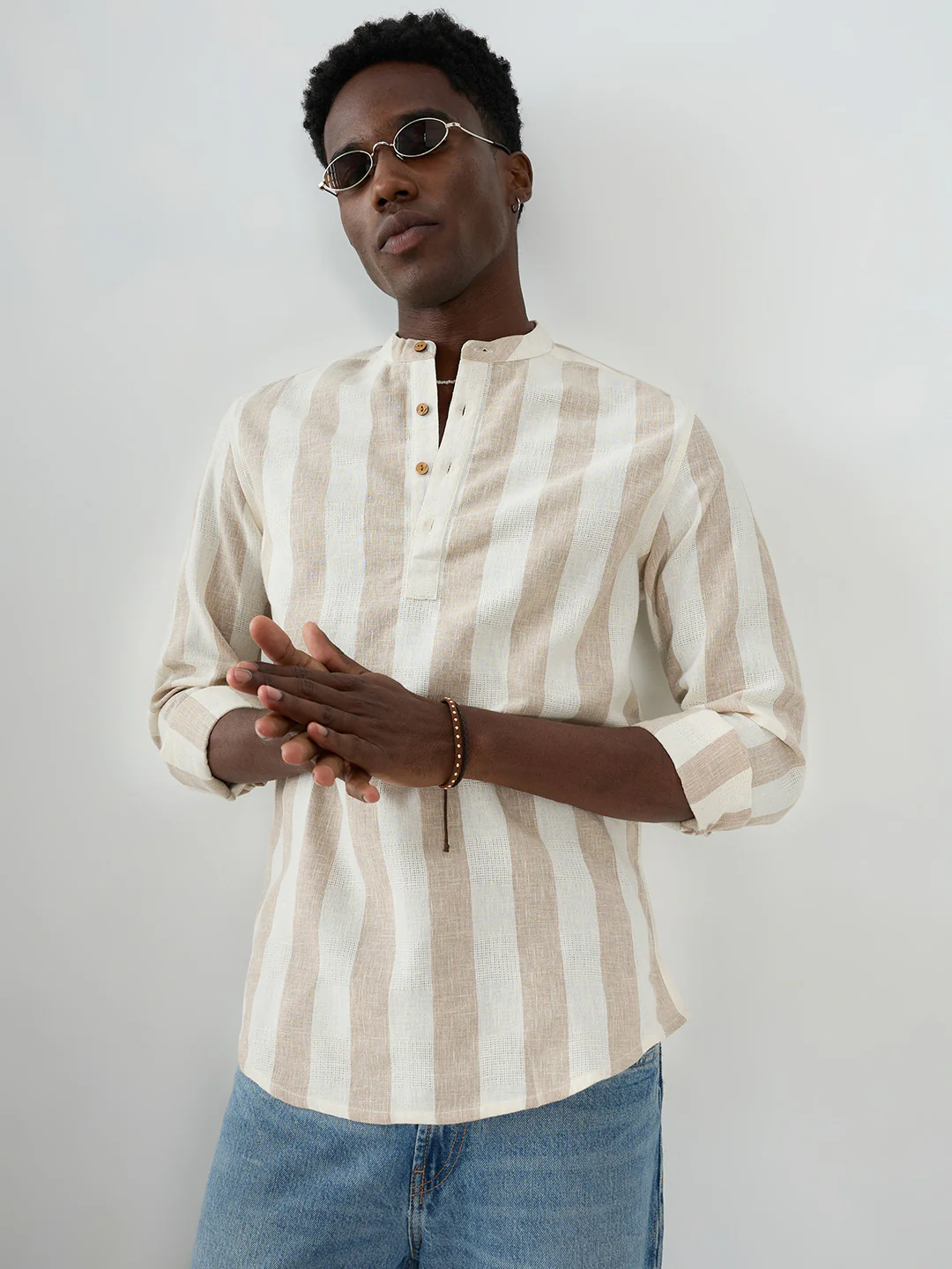 Beige & Ivory Striped Jacquard Kurta