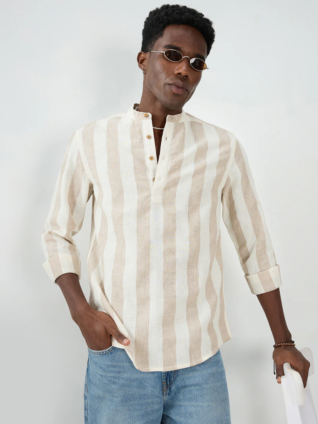 Beige & Ivory Striped Jacquard Kurta - Image 2