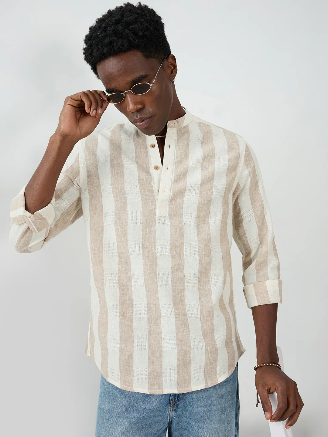 Beige & Ivory Striped Jacquard Kurta - Image 4