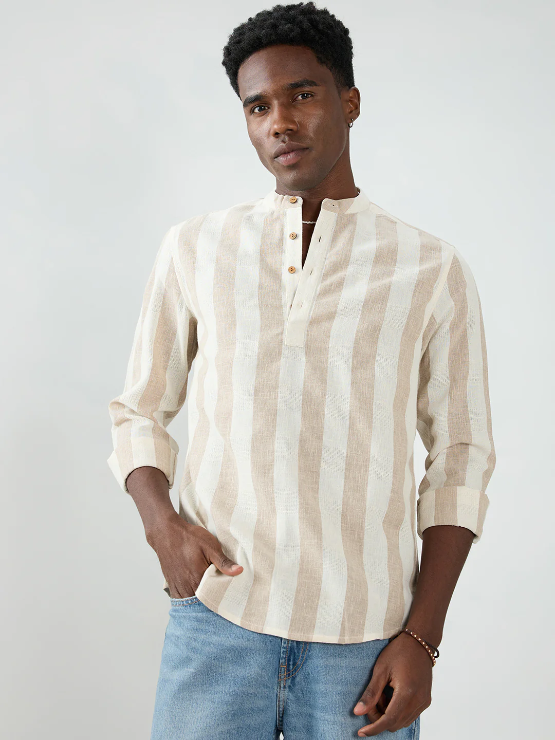 Beige & Ivory Striped Jacquard Kurta - Image 5