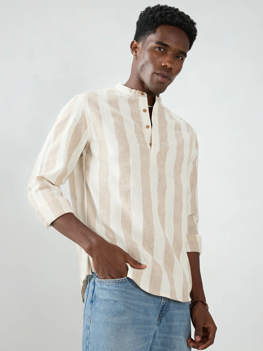 Beige & Ivory Striped Jacquard Kurta - Image 6