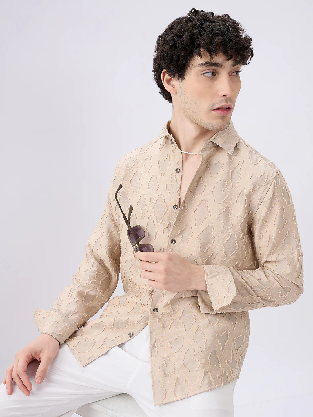 Beige Lozenge Engraved Artisan Frayed Shirt - Image 2