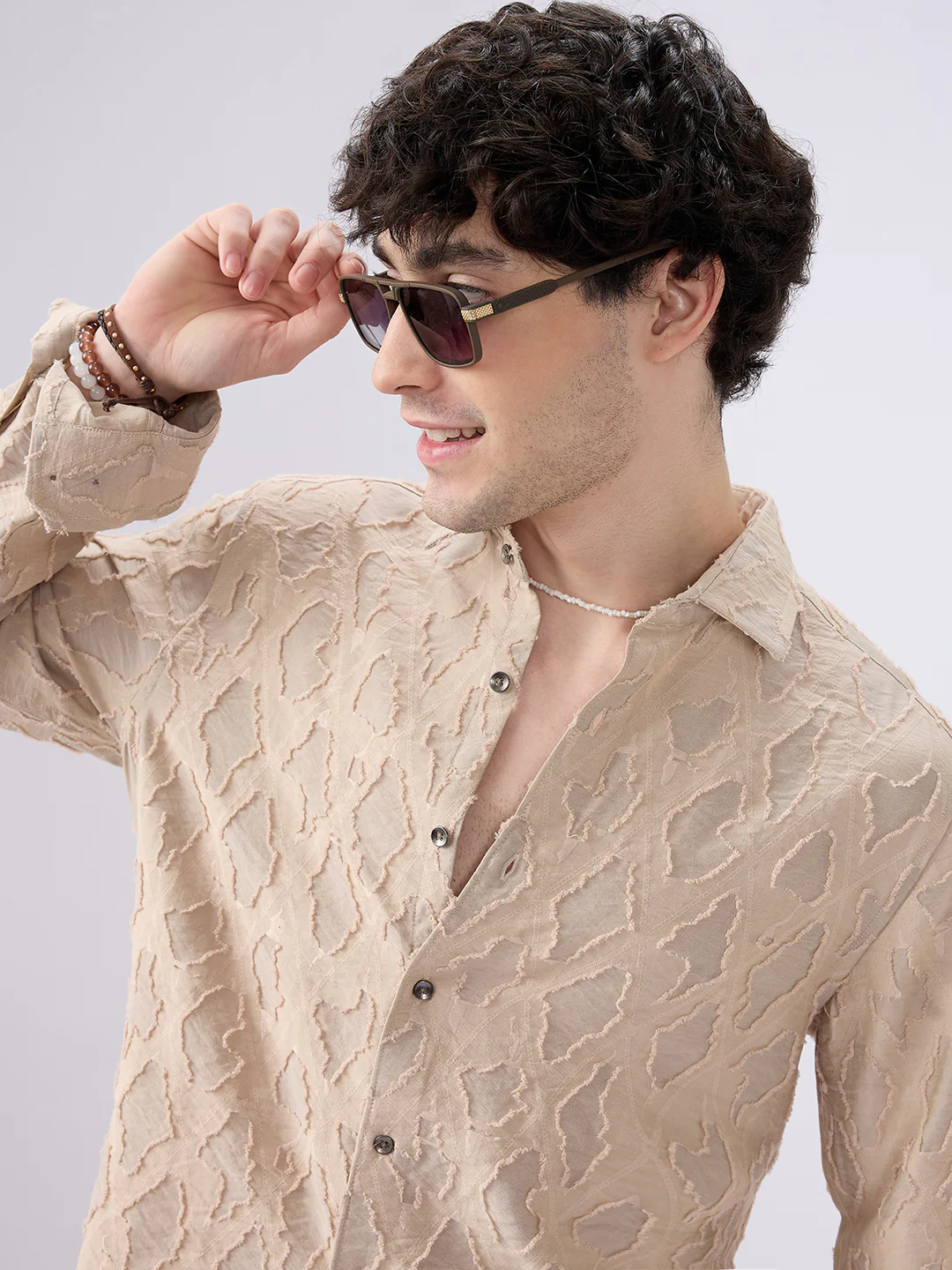 Beige Lozenge Engraved Artisan Frayed Shirt - Image 3