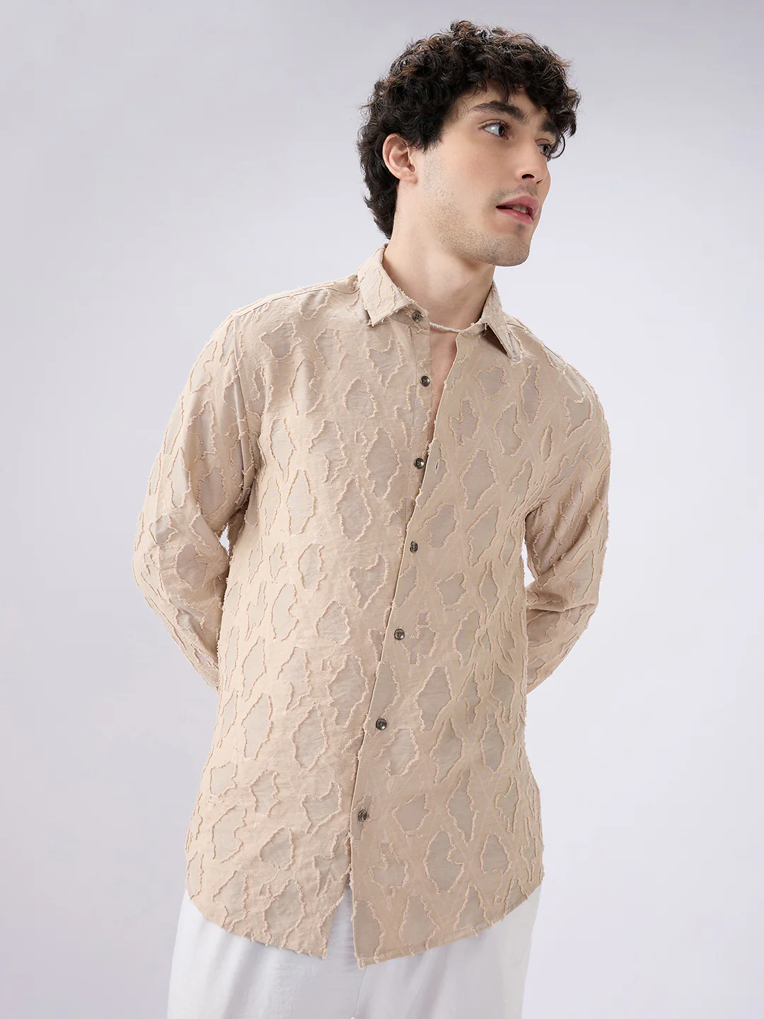 Beige Lozenge Engraved Artisan Frayed Shirt - Image 5