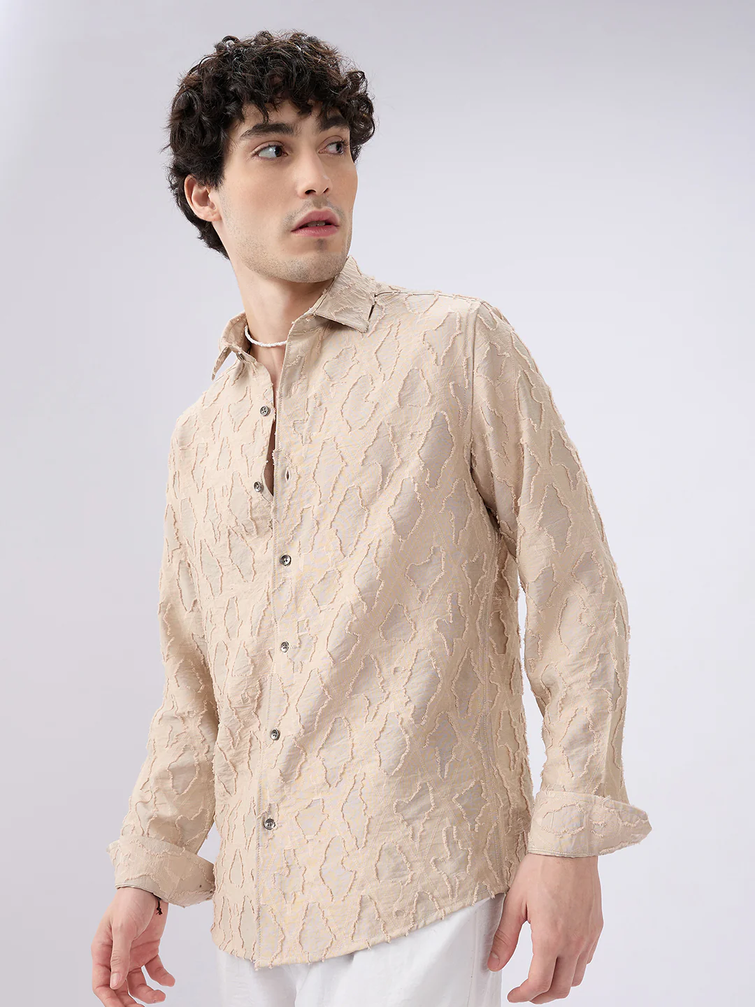 Beige Lozenge Engraved Artisan Frayed Shirt - Image 6