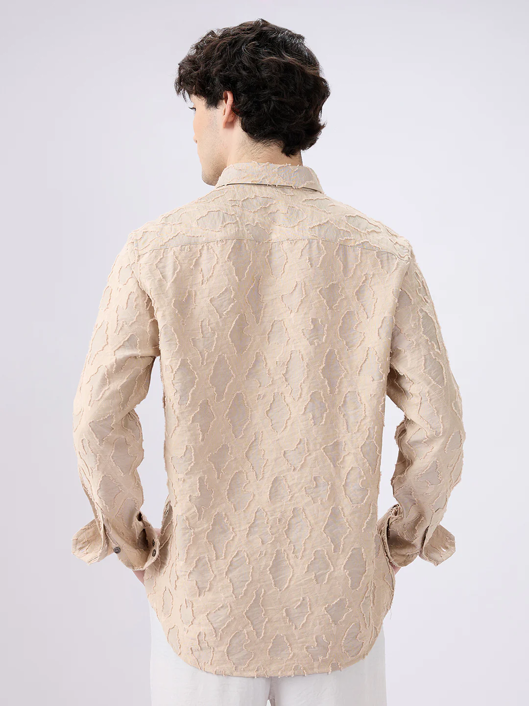 Beige Lozenge Engraved Artisan Frayed Shirt - Image 7