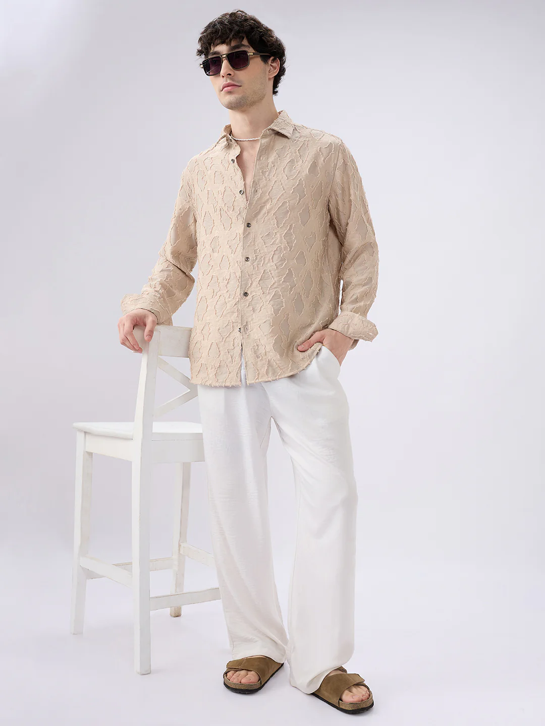 Beige Lozenge Engraved Artisan Frayed Shirt - Image 8