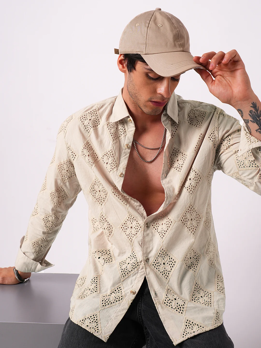 Beige Lozenge Schiffli Shirt - Image 2