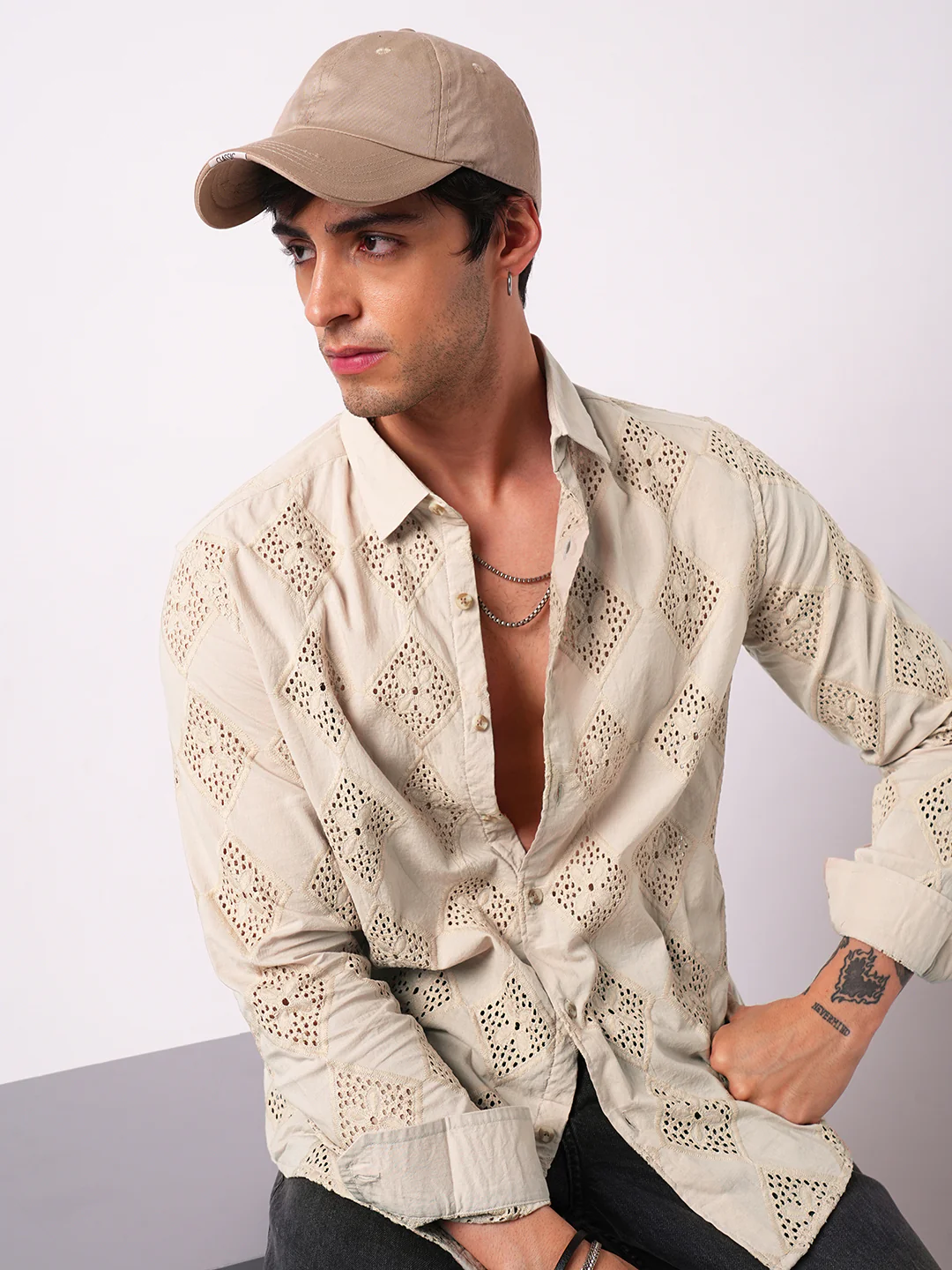 Beige Lozenge Schiffli Shirt - Image 4