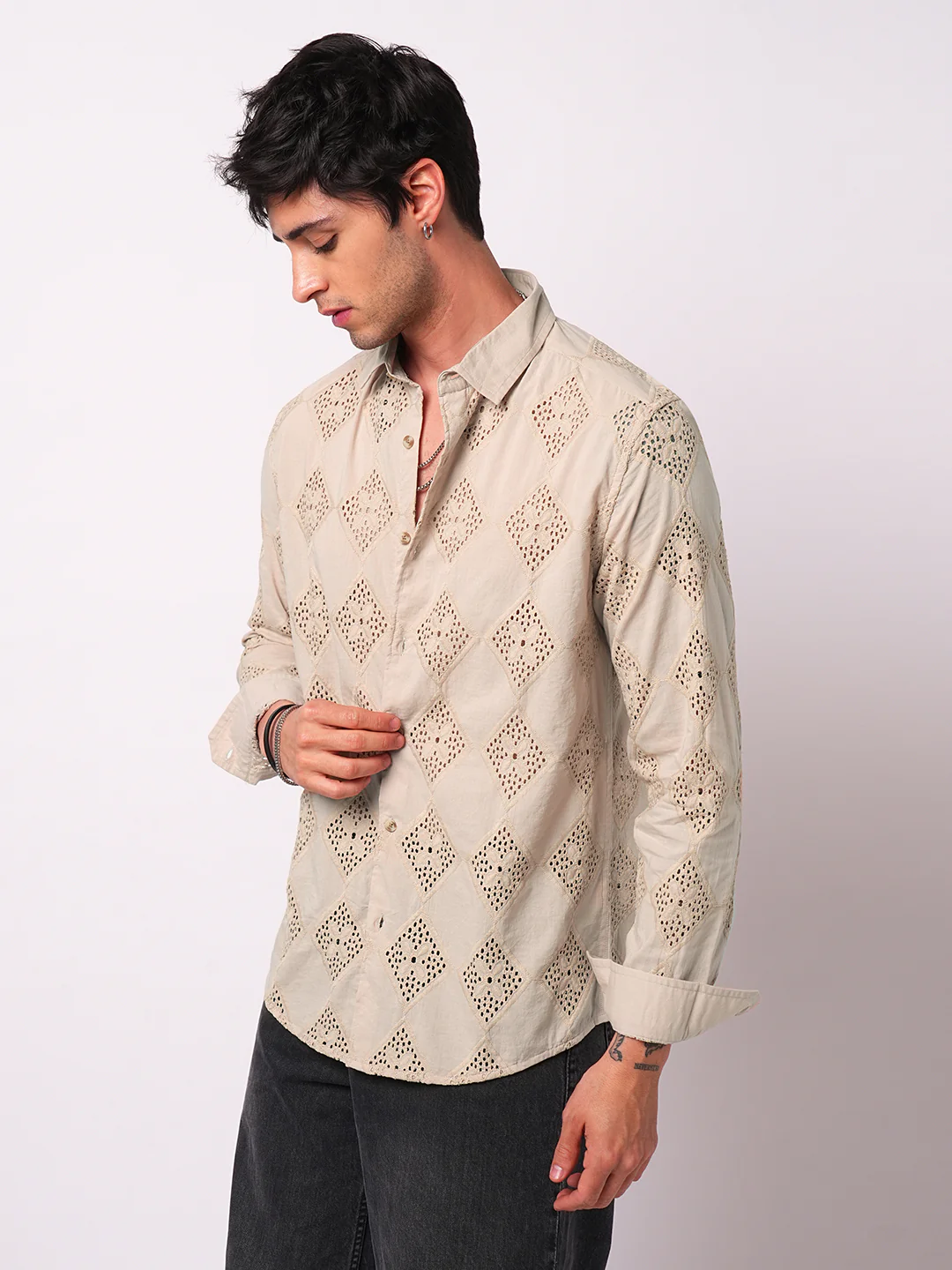 Beige Lozenge Schiffli Shirt - Image 5