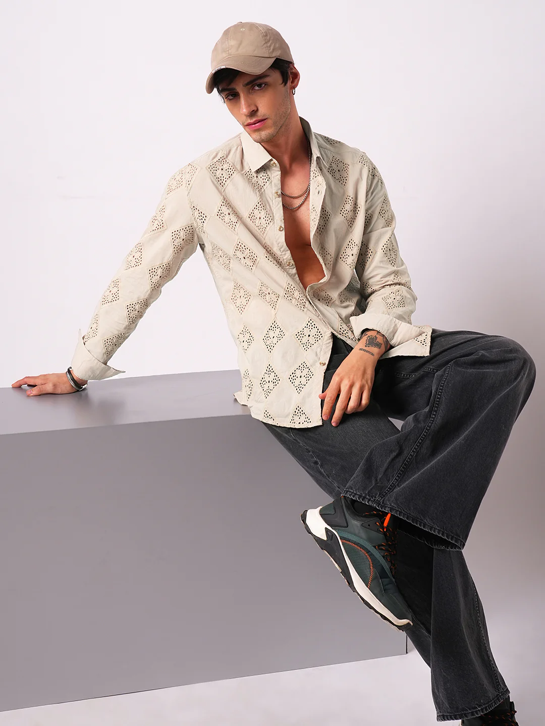 Beige Lozenge Schiffli Shirt - Image 7