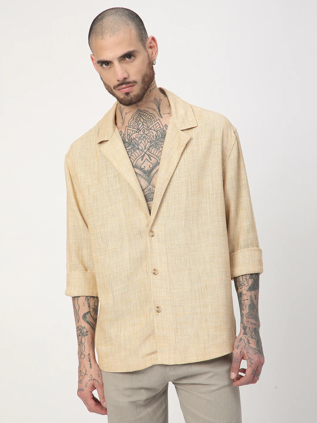 Beige Melange Burlap Oversized Notched Lapel Collar Shirt - Image 4