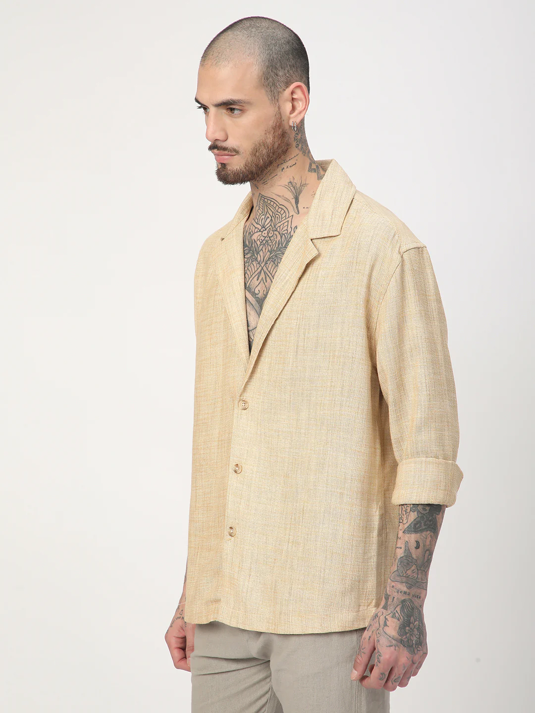 Beige Melange Burlap Oversized Notched Lapel Collar Shirt - Image 5