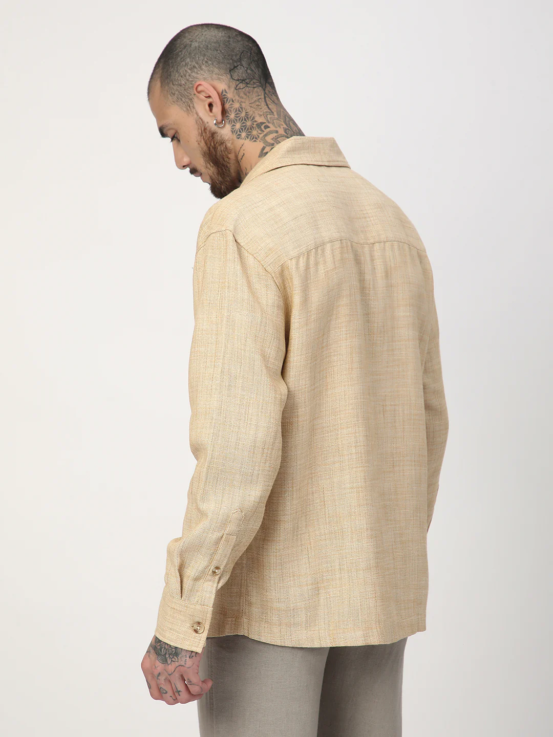 Beige Melange Burlap Oversized Notched Lapel Collar Shirt - Image 6