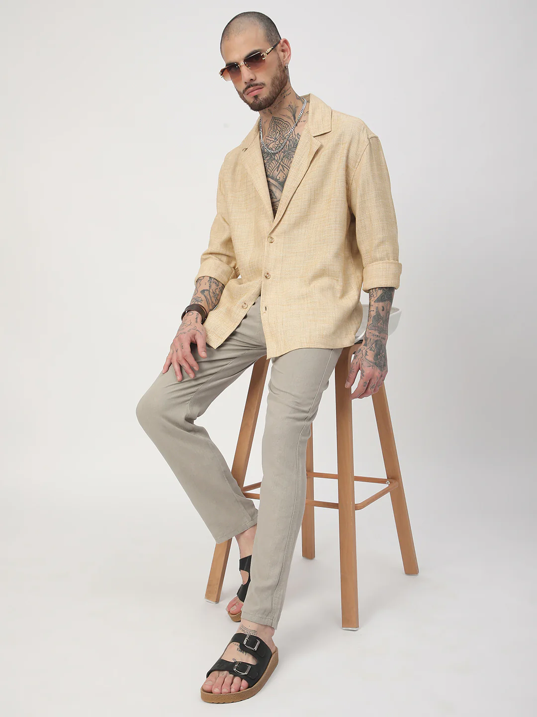 Beige Melange Burlap Oversized Notched Lapel Collar Shirt - Image 7