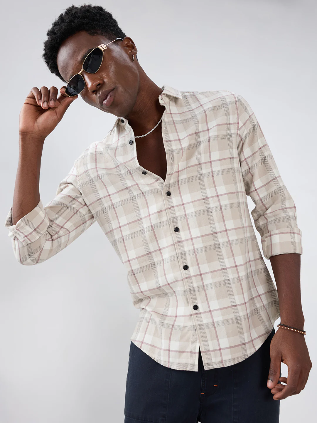 Beige Micro Herringbone Windowpane Checks Shirt - Image 2