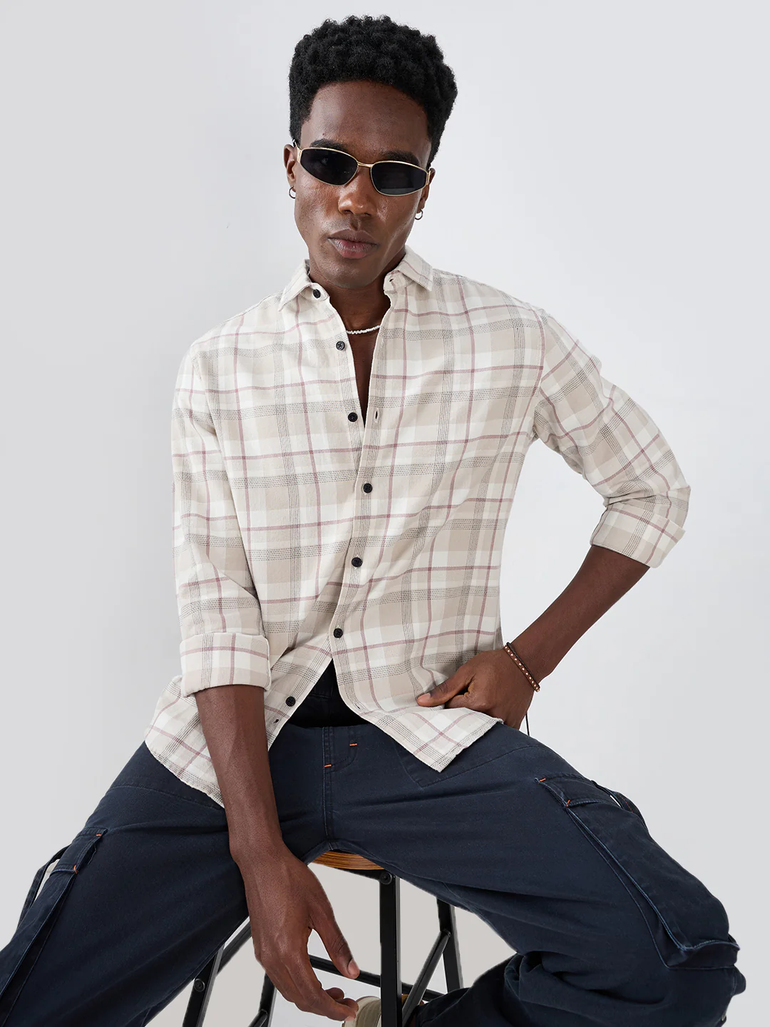 Beige Micro Herringbone Windowpane Checks Shirt - Image 4