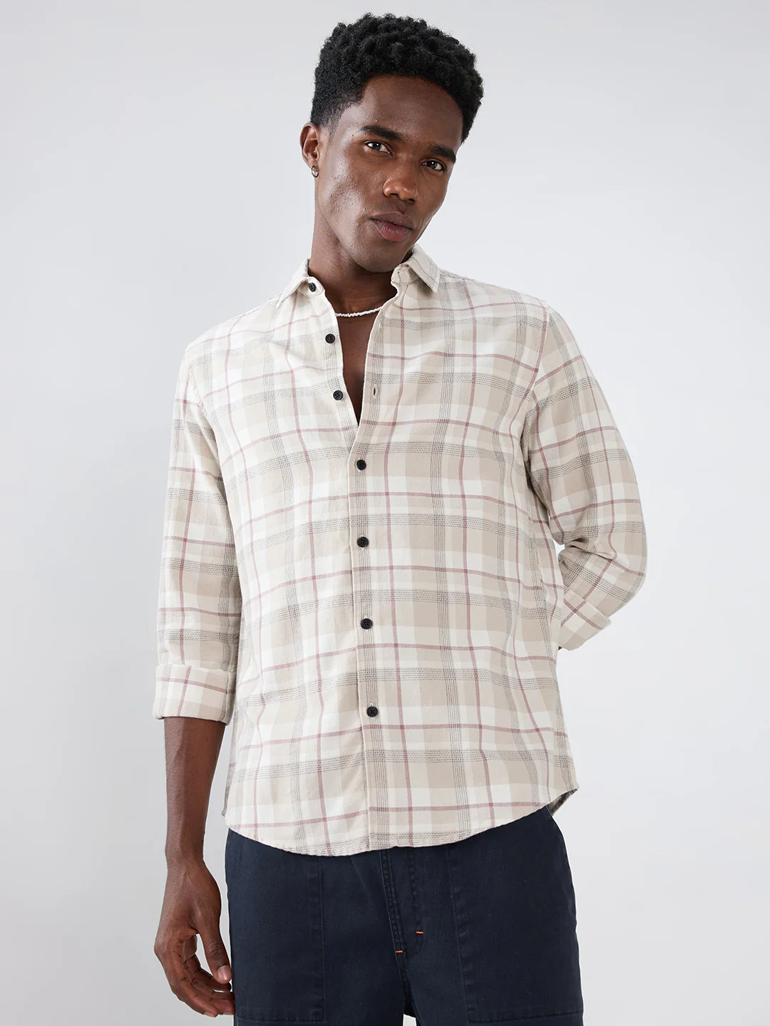 Beige Micro Herringbone Windowpane Checks Shirt - Image 5