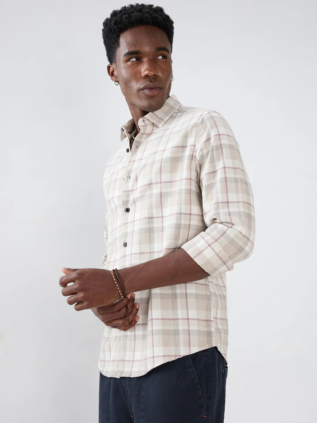 Beige Micro Herringbone Windowpane Checks Shirt - Image 6
