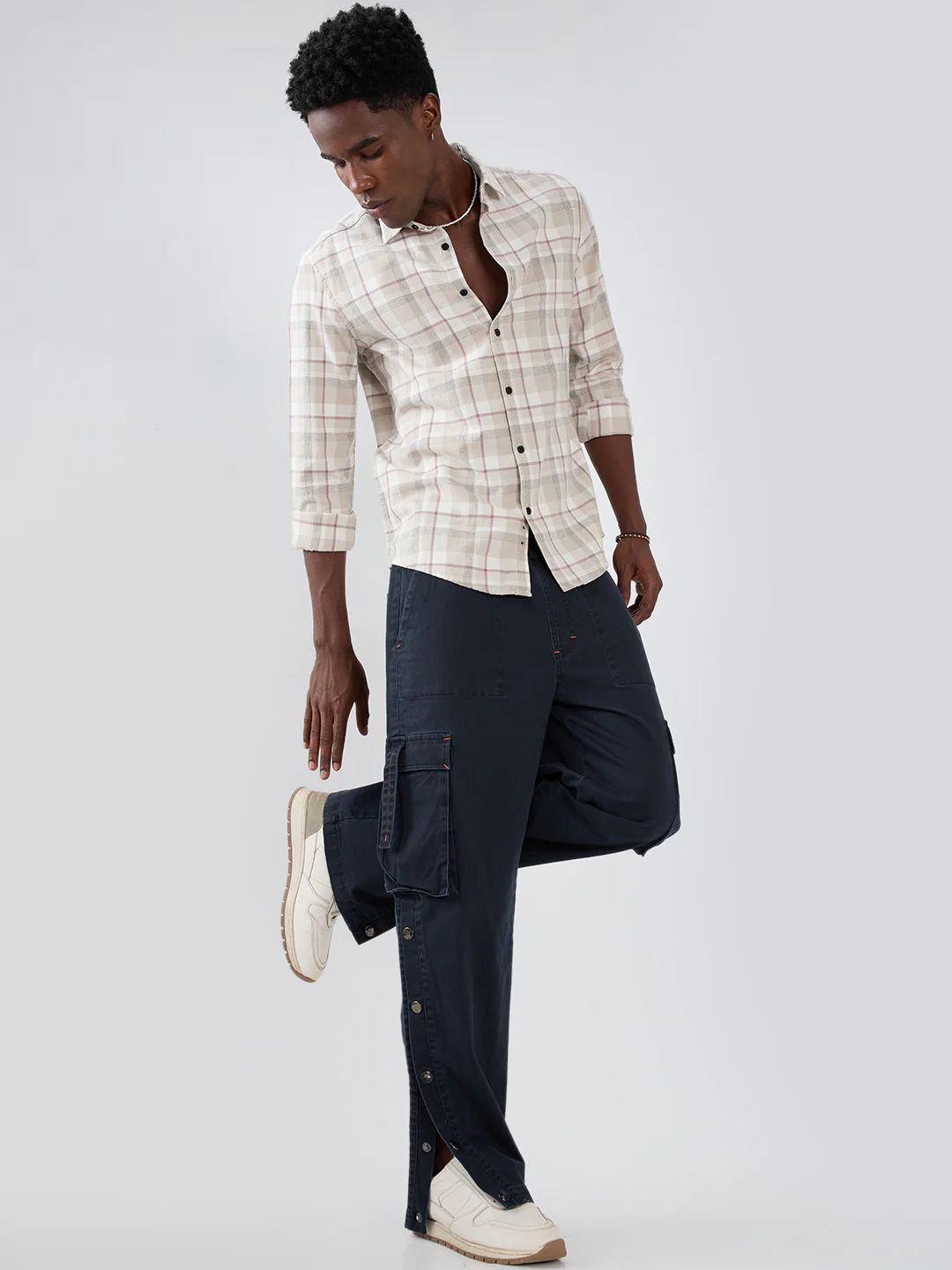 Beige Micro Herringbone Windowpane Checks Shirt - Image 8