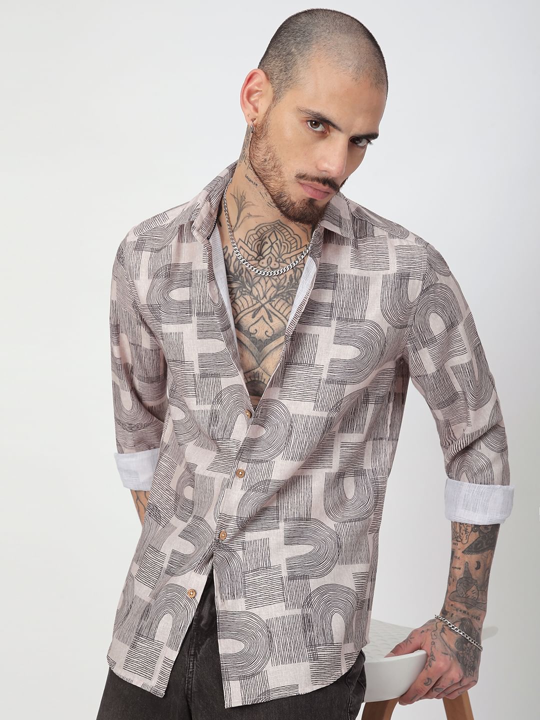 Beige & Navy Abstract Printed Shirt - Image 2