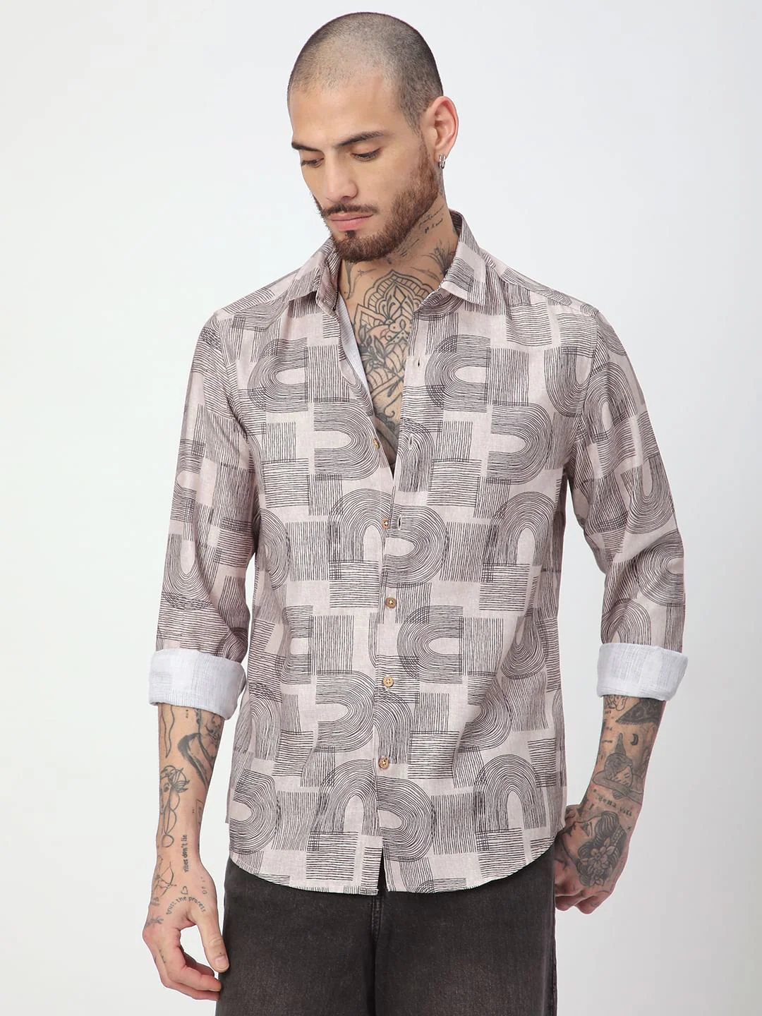 Beige & Navy Abstract Printed Shirt - Image 4