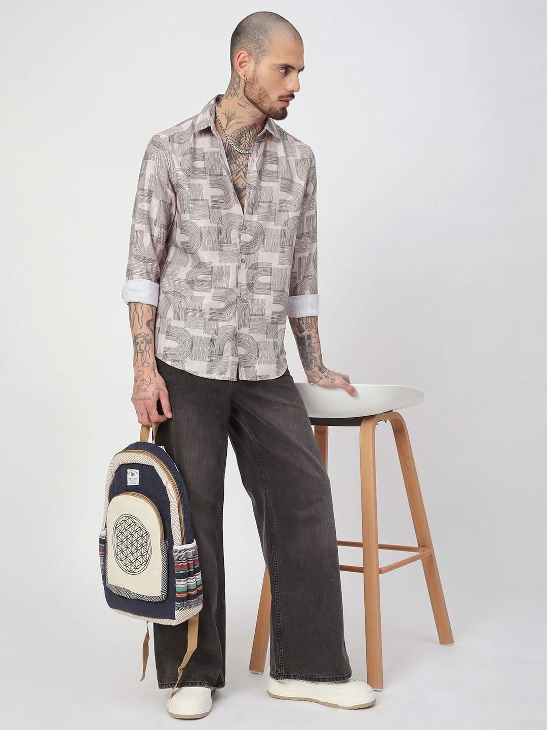 Beige & Navy Abstract Printed Shirt - Image 7
