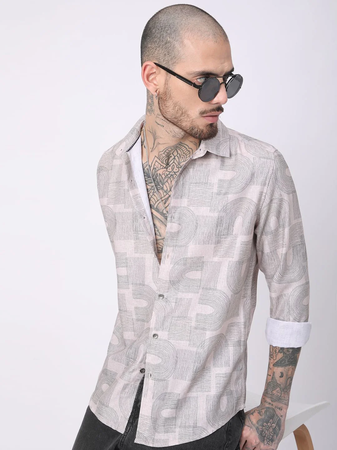 Beige & Olive Abstract Printed Shirt - Image 2