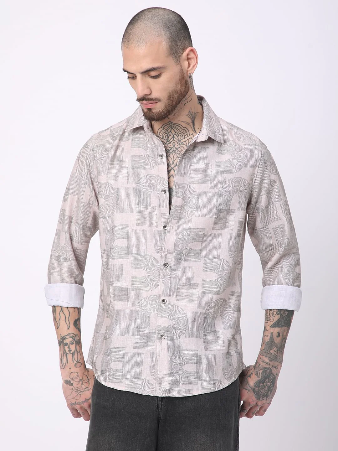 Beige & Olive Abstract Printed Shirt - Image 4