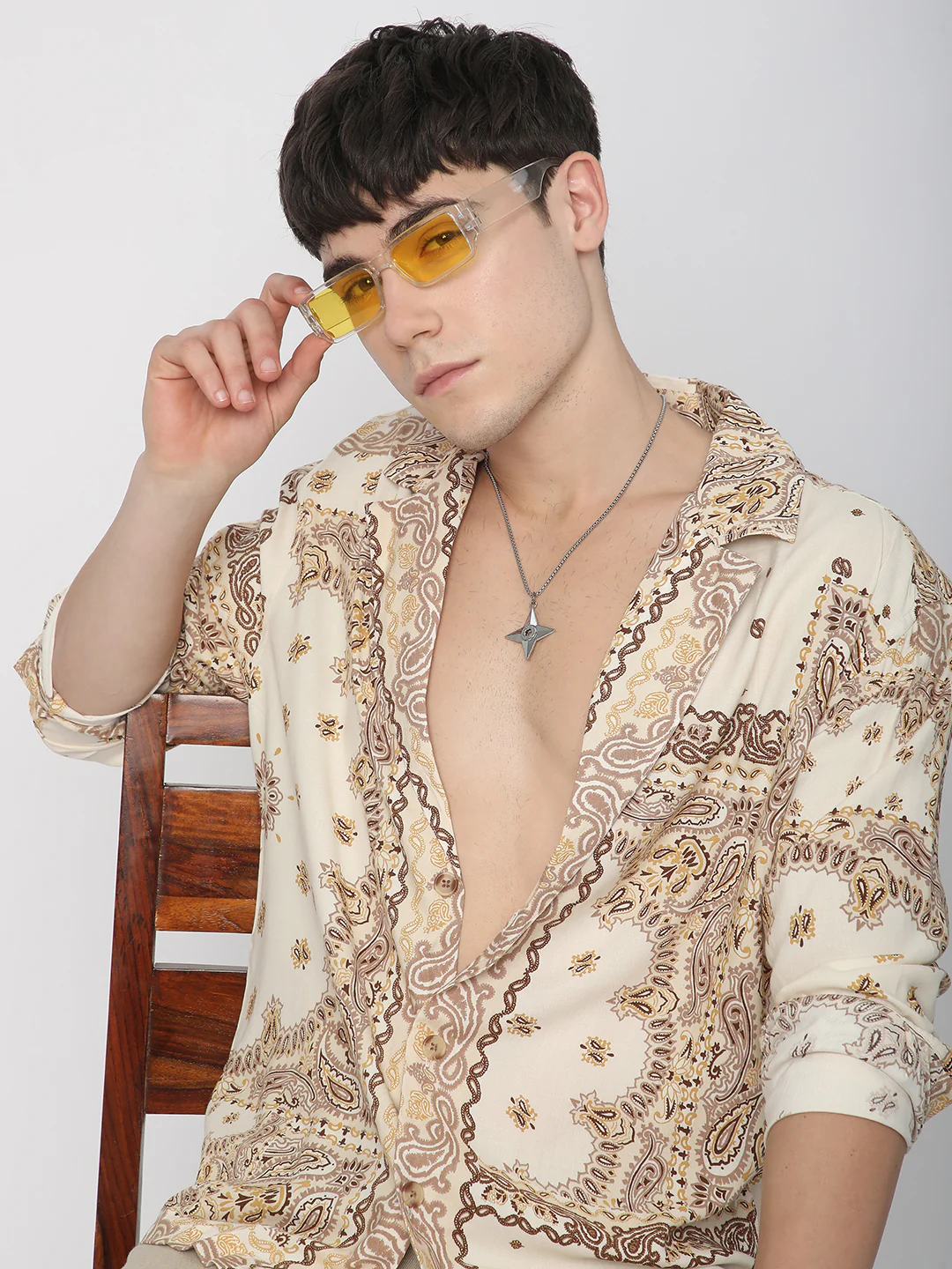 Beige Paisley Printed Lapel Collar Oversized Shirt - Image 2