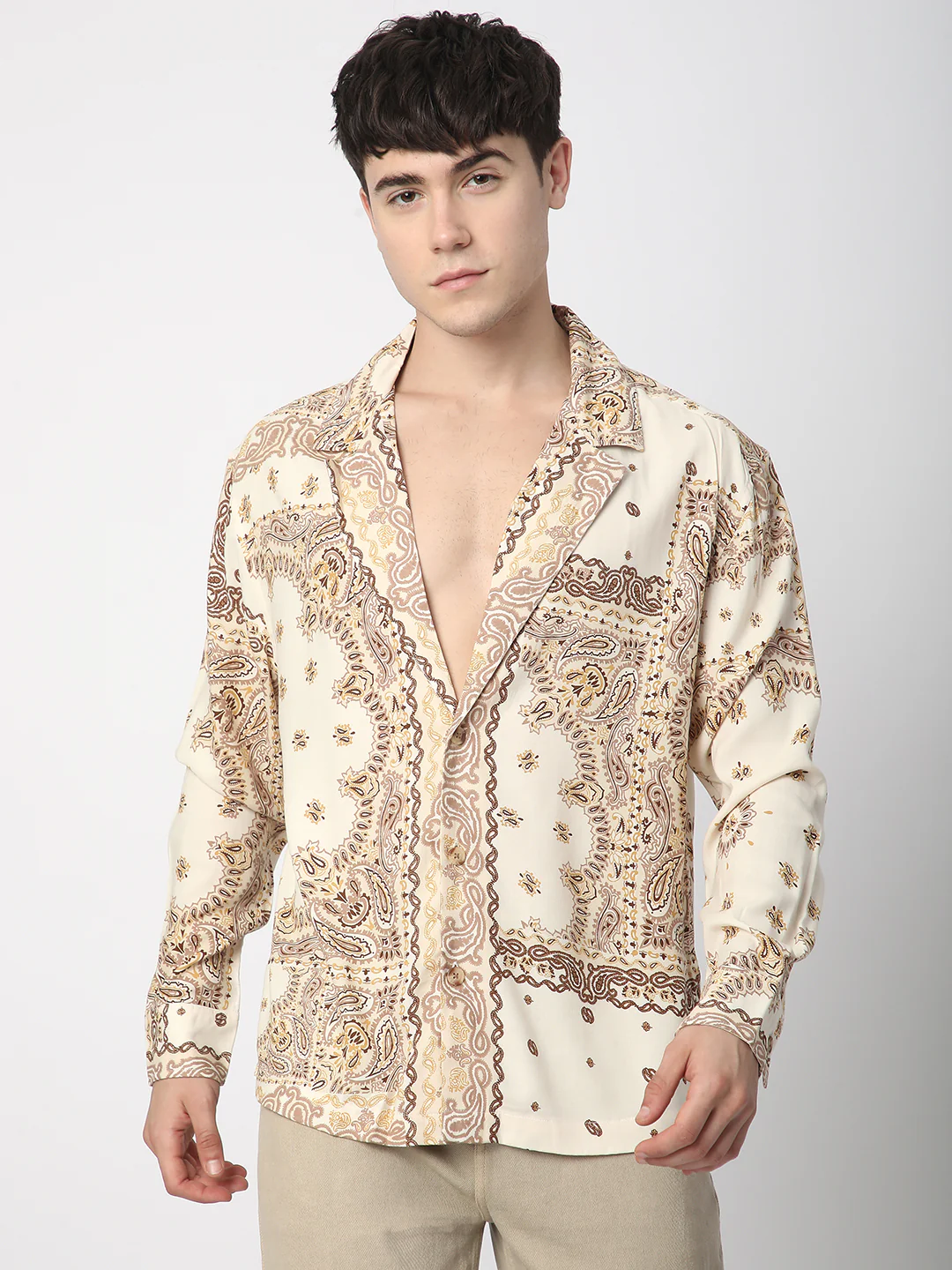 Beige Paisley Printed Lapel Collar Oversized Shirt - Image 4