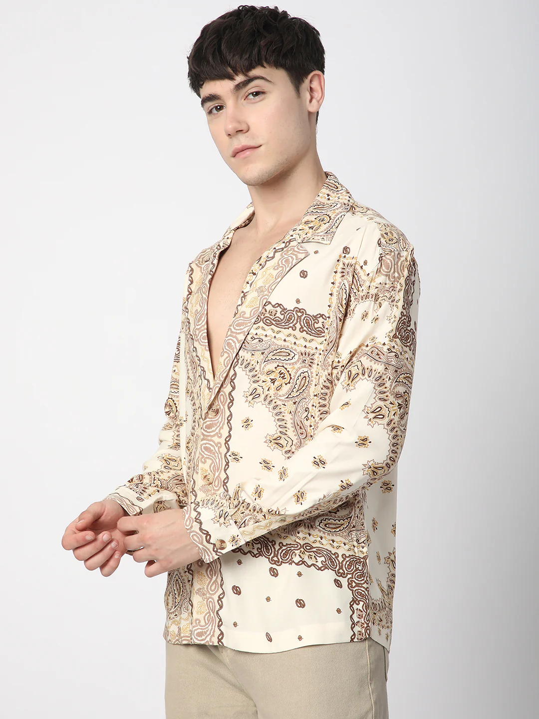Beige Paisley Printed Lapel Collar Oversized Shirt - Image 5