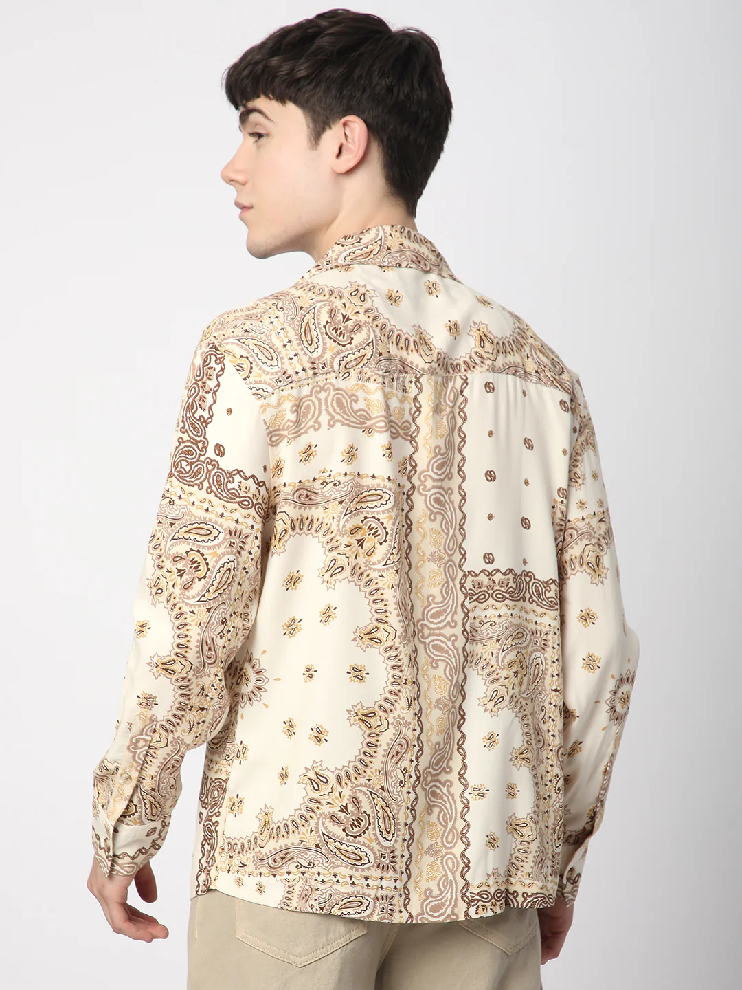 Beige Paisley Printed Lapel Collar Oversized Shirt - Image 6