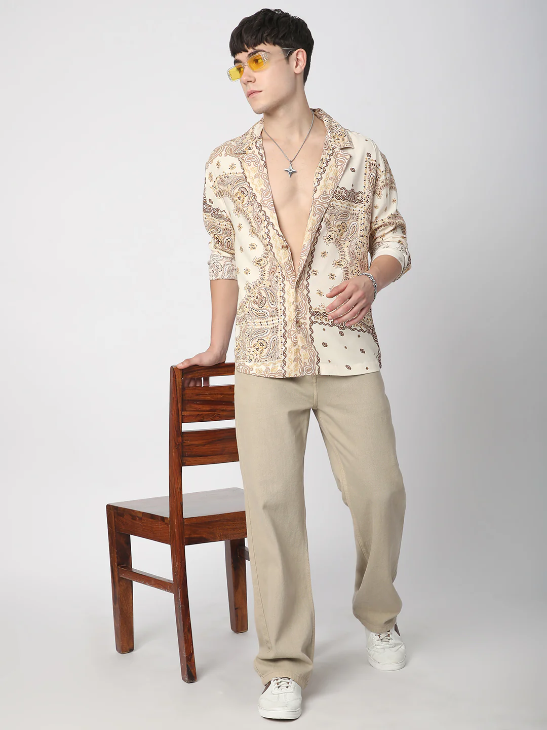 Beige Paisley Printed Lapel Collar Oversized Shirt - Image 7