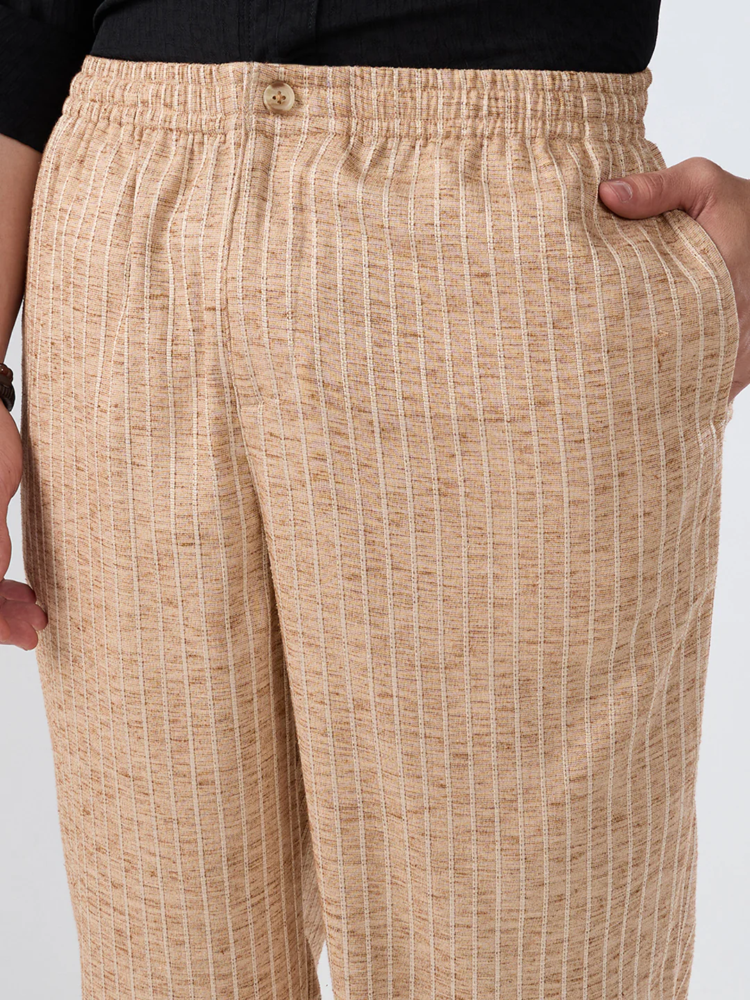 Beige Pinstripe Wide-Leg Trousers - Image 3