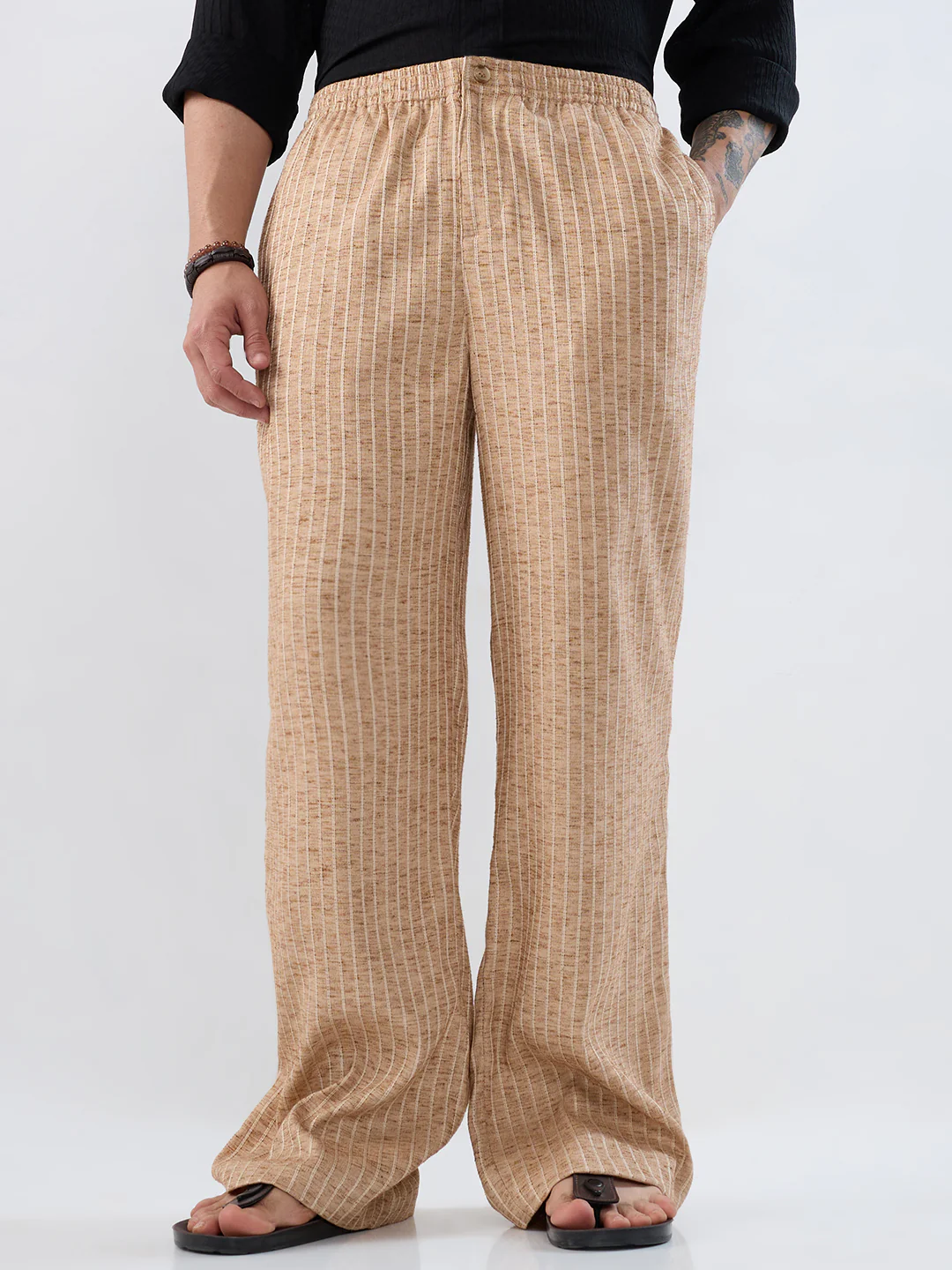 Beige Pinstripe Wide-Leg Trousers - Image 4