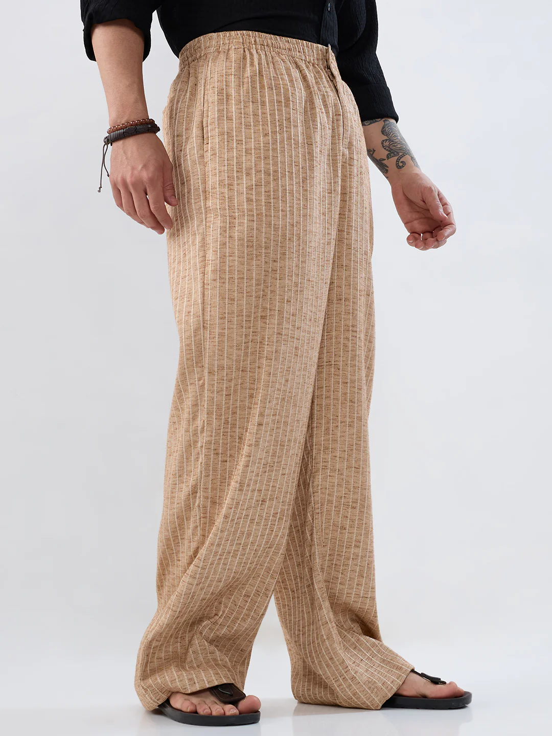 Beige Pinstripe Wide-Leg Trousers - Image 5