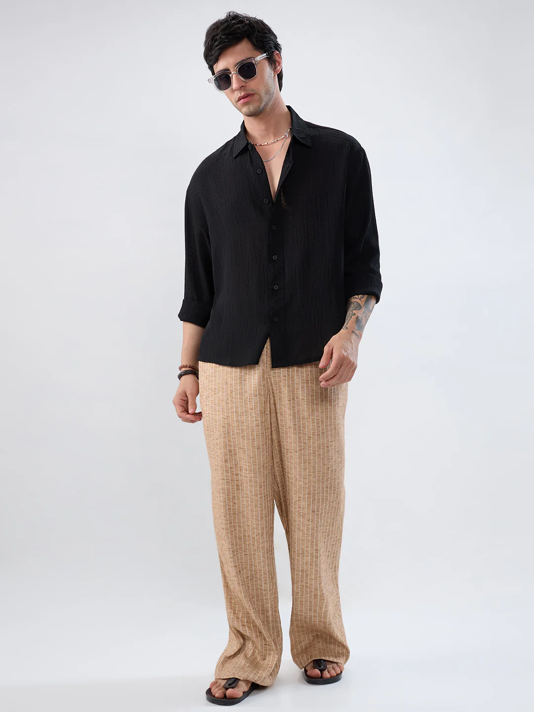Beige Pinstripe Wide-Leg Trousers - Image 7