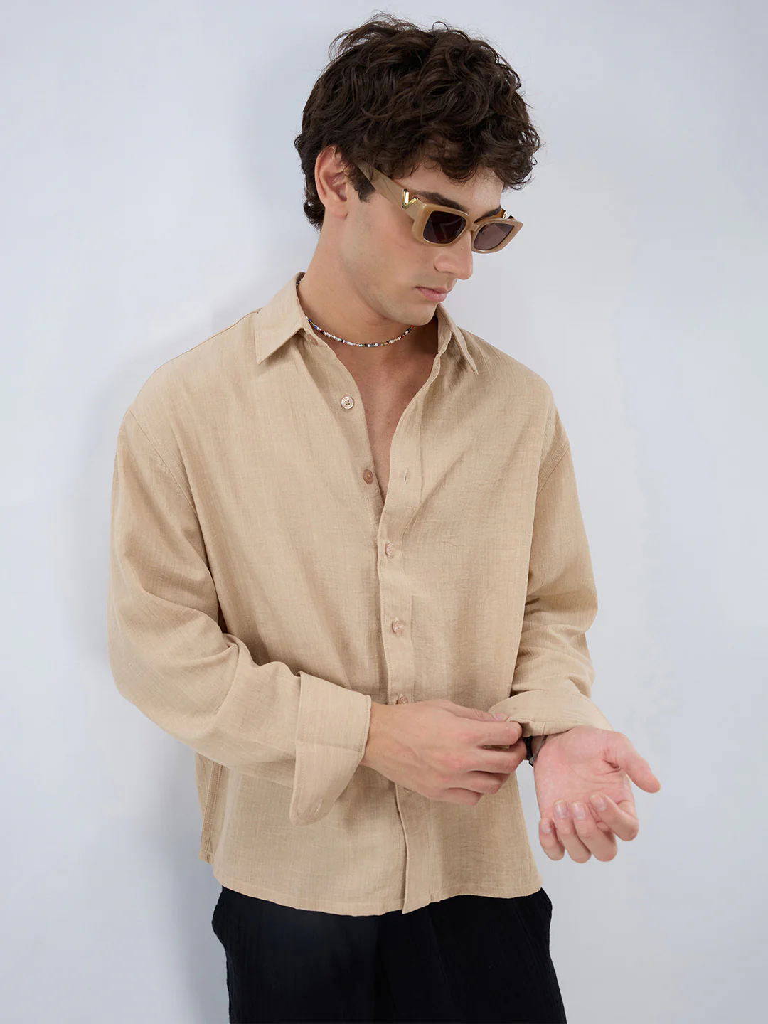 Beige Slub Textured Boxy Fit Crop Shirt - Image 2