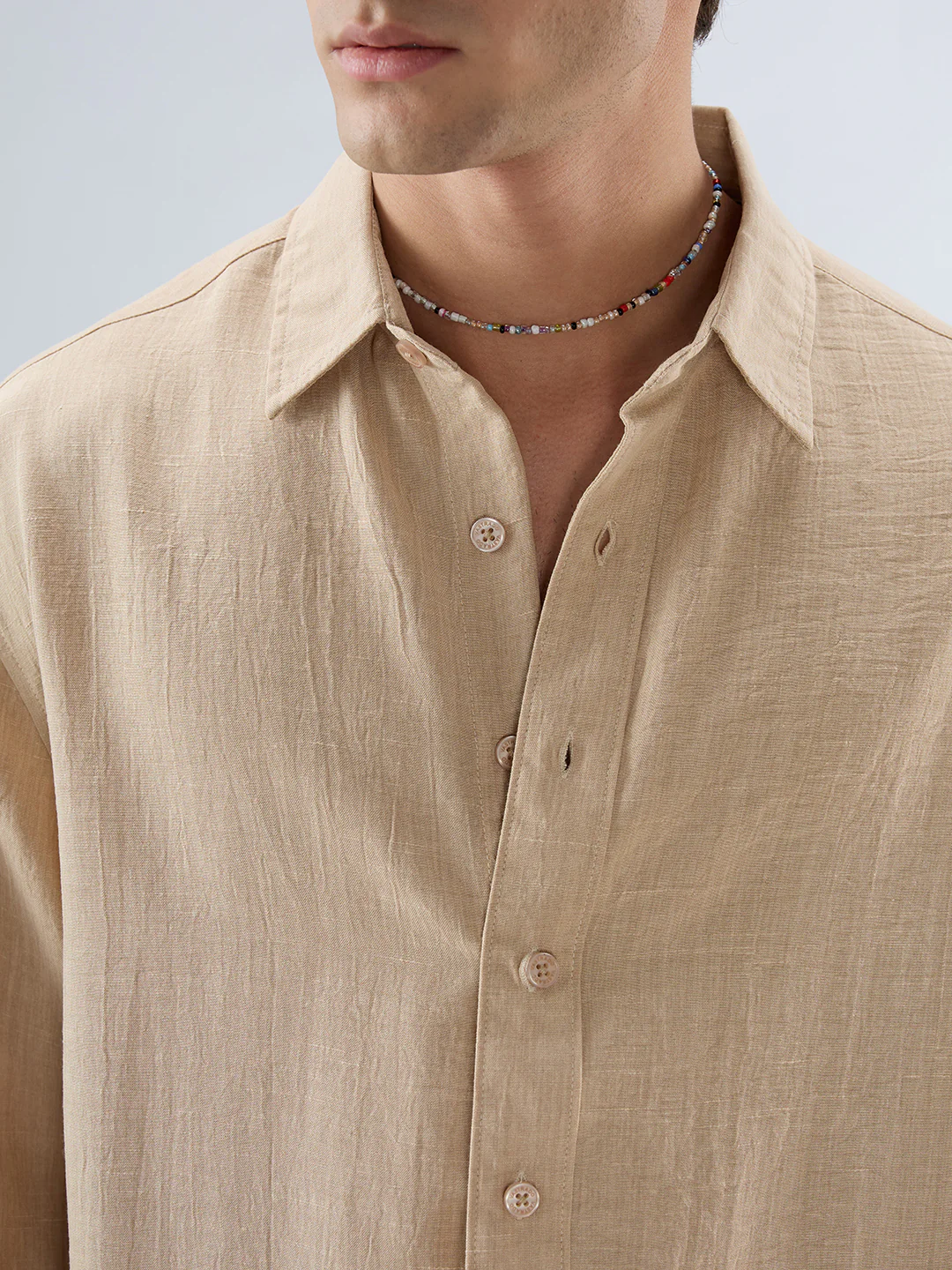 Beige Slub Textured Boxy Fit Crop Shirt - Image 3