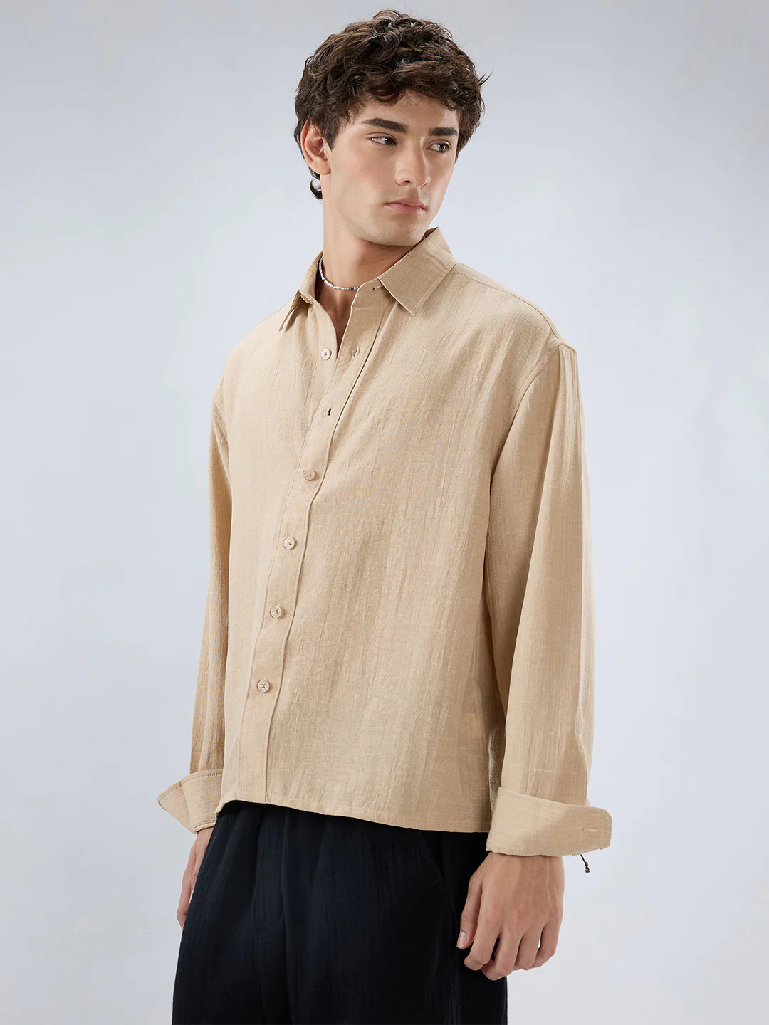 Beige Slub Textured Boxy Fit Crop Shirt - Image 6