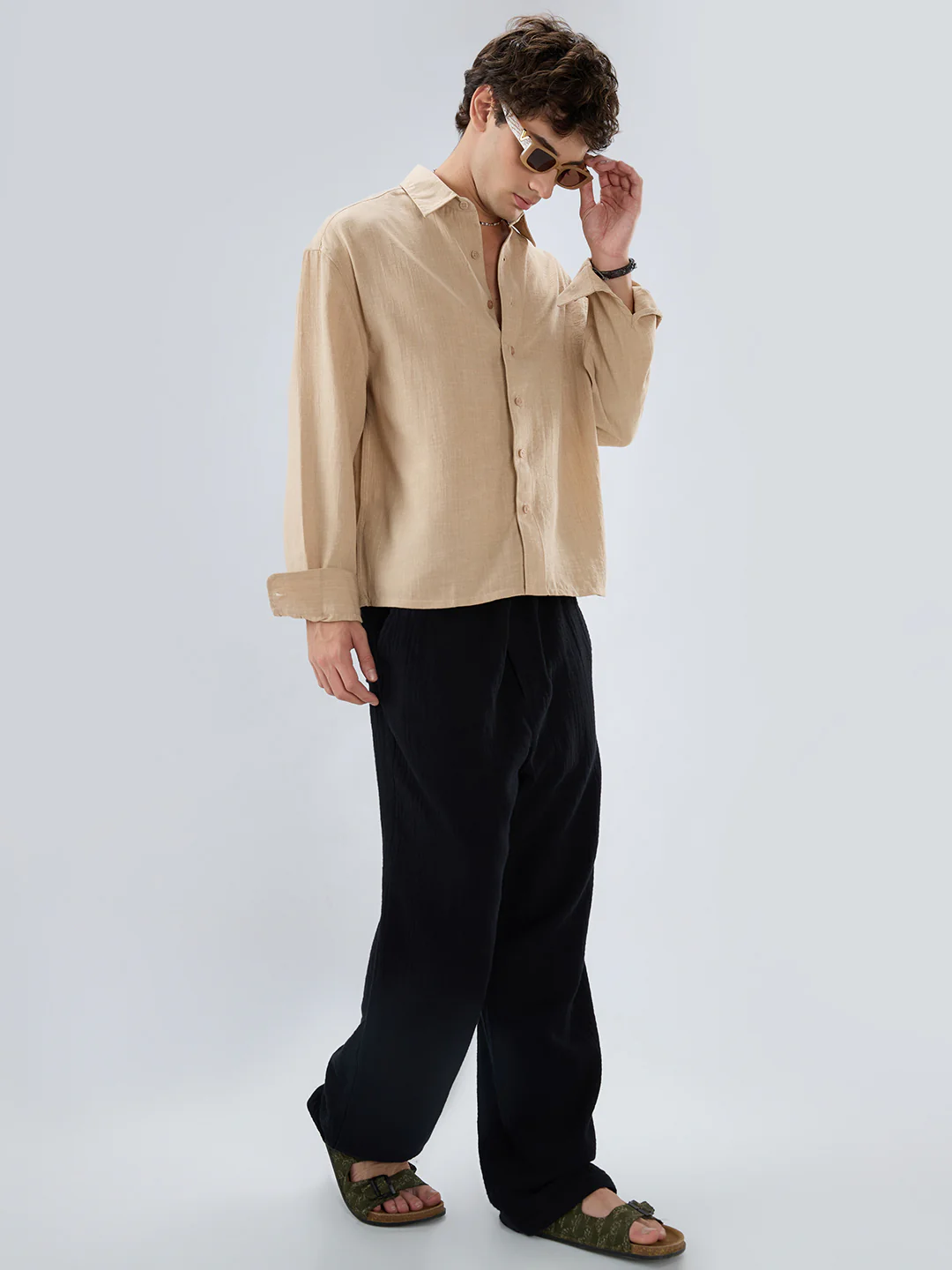 Beige Slub Textured Boxy Fit Crop Shirt - Image 8