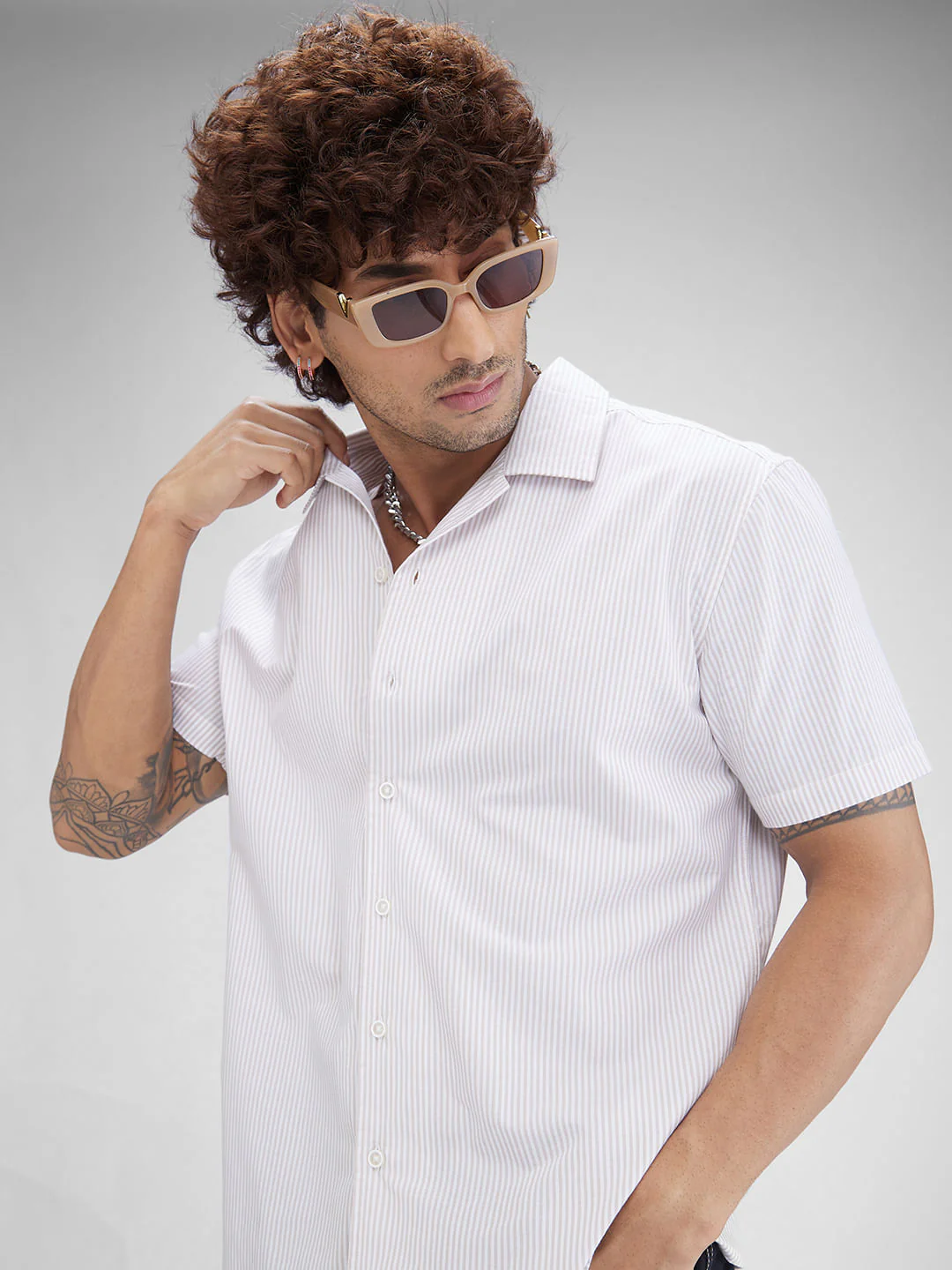 Beige Striped Oversized Resort Collar Shirt - Image 2