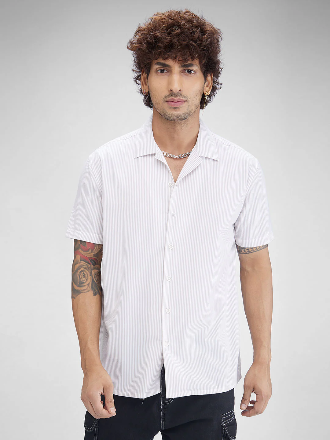 Beige Striped Oversized Resort Collar Shirt - Image 4