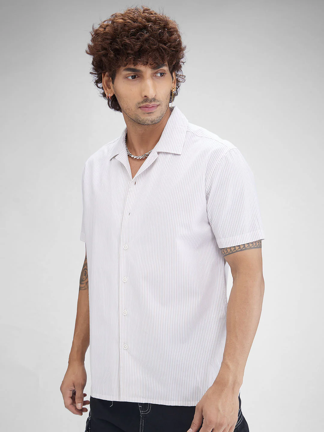 Beige Striped Oversized Resort Collar Shirt - Image 5