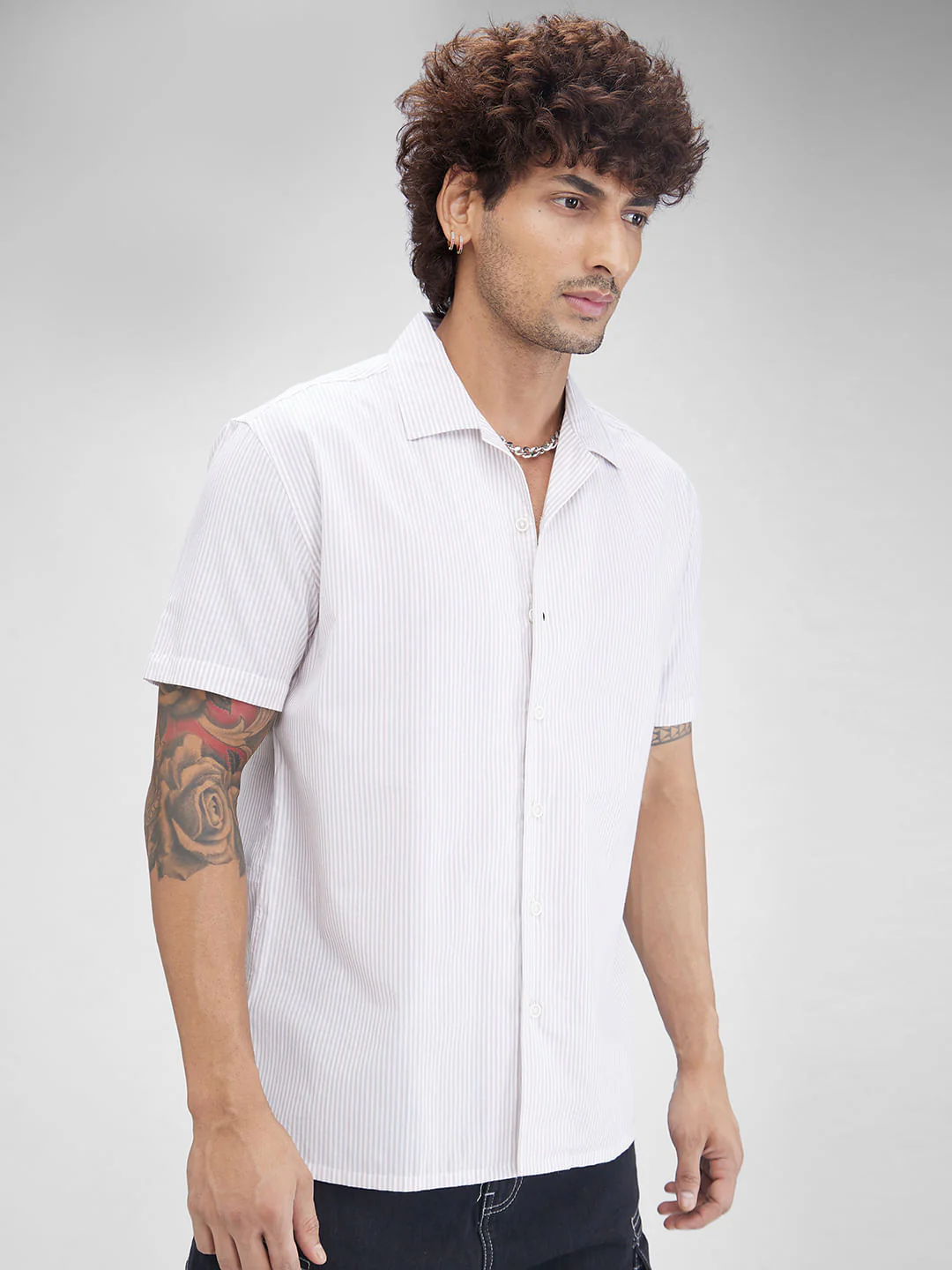 Beige Striped Oversized Resort Collar Shirt - Image 6